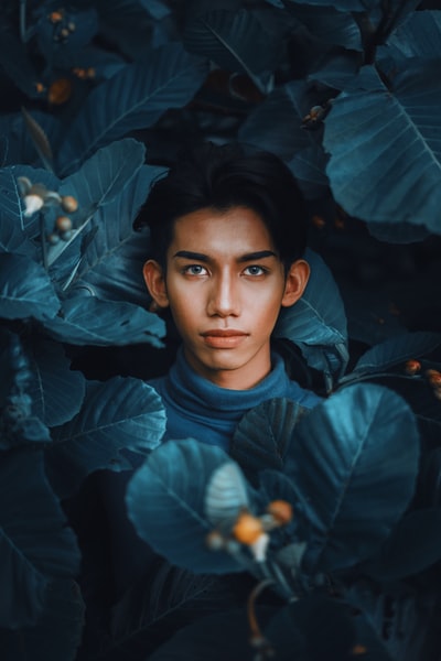 穿着蓝色圆领衬衫的男孩站在绿叶旁